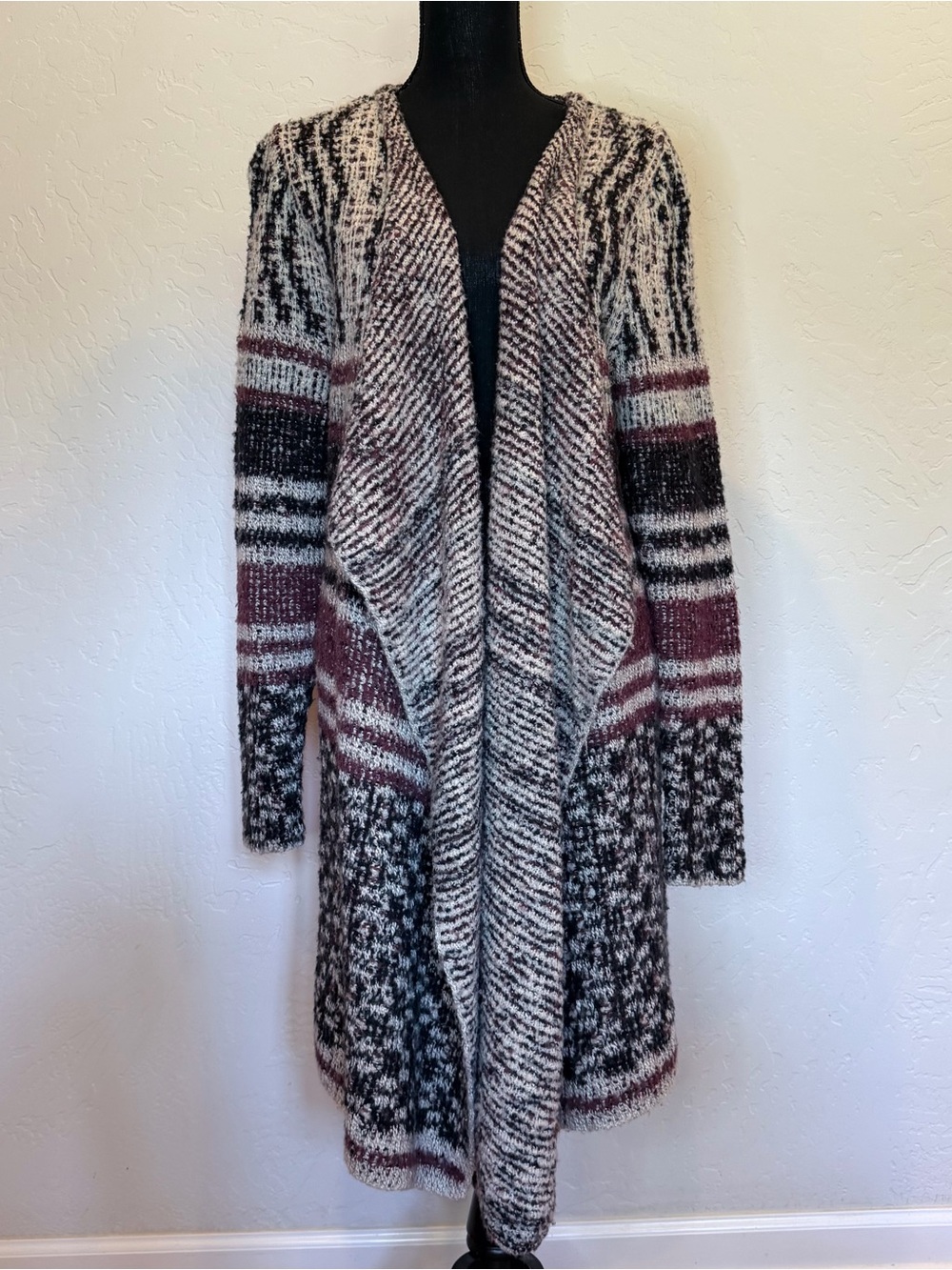 Lucky Brand Open-Front Marled Drape Cardigan in Black, Cream & Burgundy